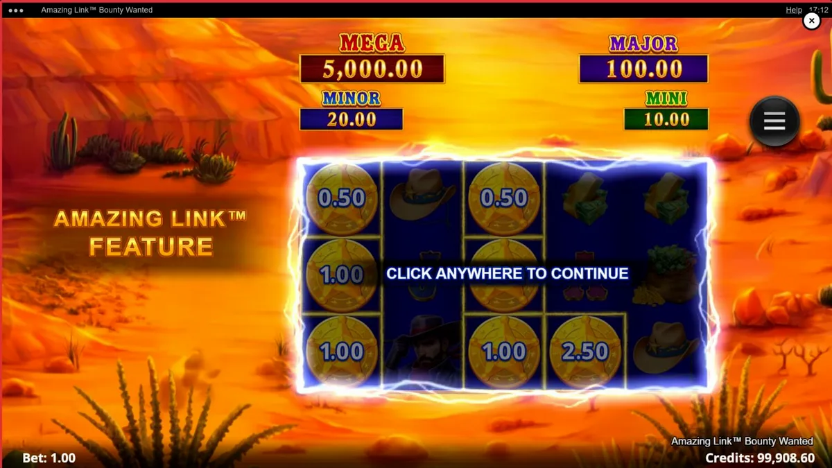 Tampilan visual slot Amazing Link Bounty Wanted dengan latar belakang gurun dan simbol koboi.